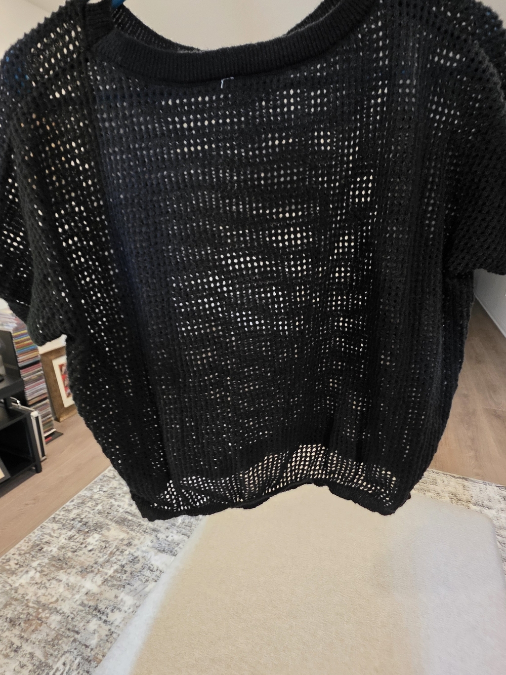 Black Open-Knit Short Sleeve Sweater